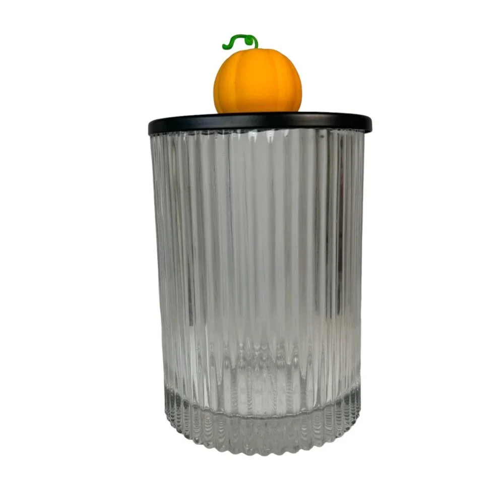 Clear Ribbed Glass Canister Jar w/ Lid Pumpkin Jack O Lantern Halloween Goth Emo - Picture 3 of 8